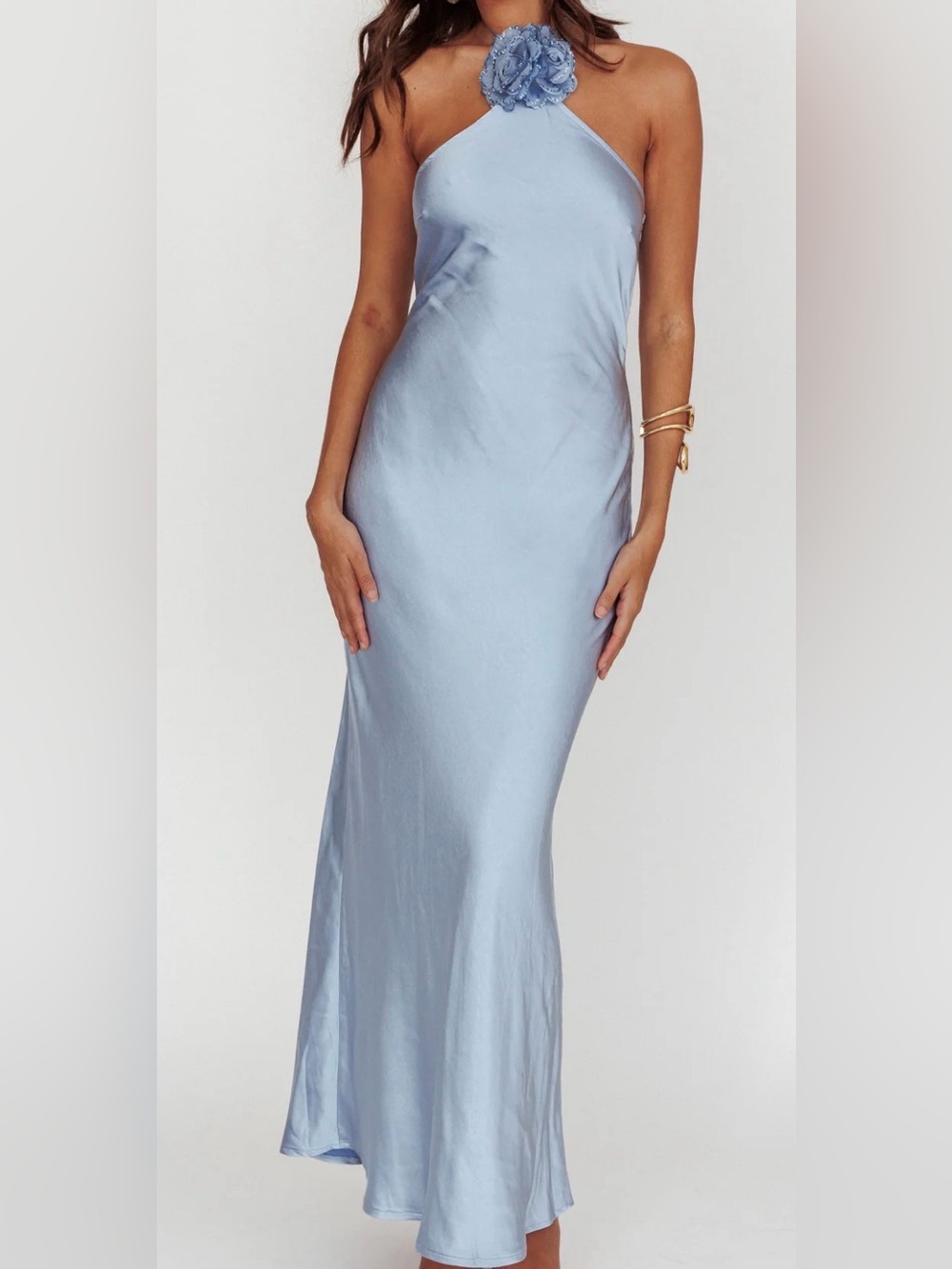 Light Blue Satin Halter Maxi Dress with Floral Neck Detail